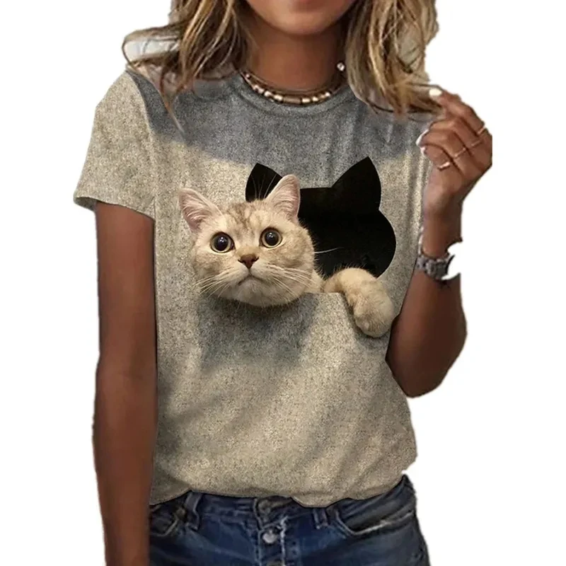 2024 Fashion T-shirts For Women Harajuku Casual Tops 3D Kawaii Cat Printing Oversized Female Funny Short Sleeve Tees Summer Tops