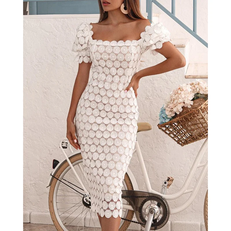 2023 New Fashion Lace Floral Temperament Skirt Solid Chest Wrapped Mid Length Summer Beach Dress Slash Neck Office Lady Slim