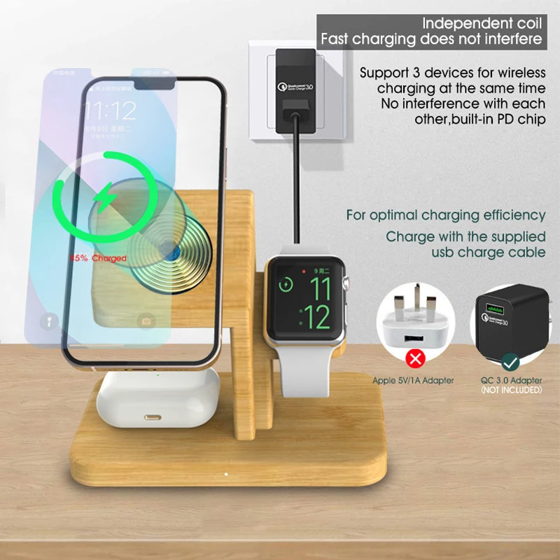 Bamboo 3 in 1  iPhone Wireless Charging Station 15W Charger Stand Dock for iPhone 14/13/12/11 iWatch se7/6/5/4 Airpods 4/3/2