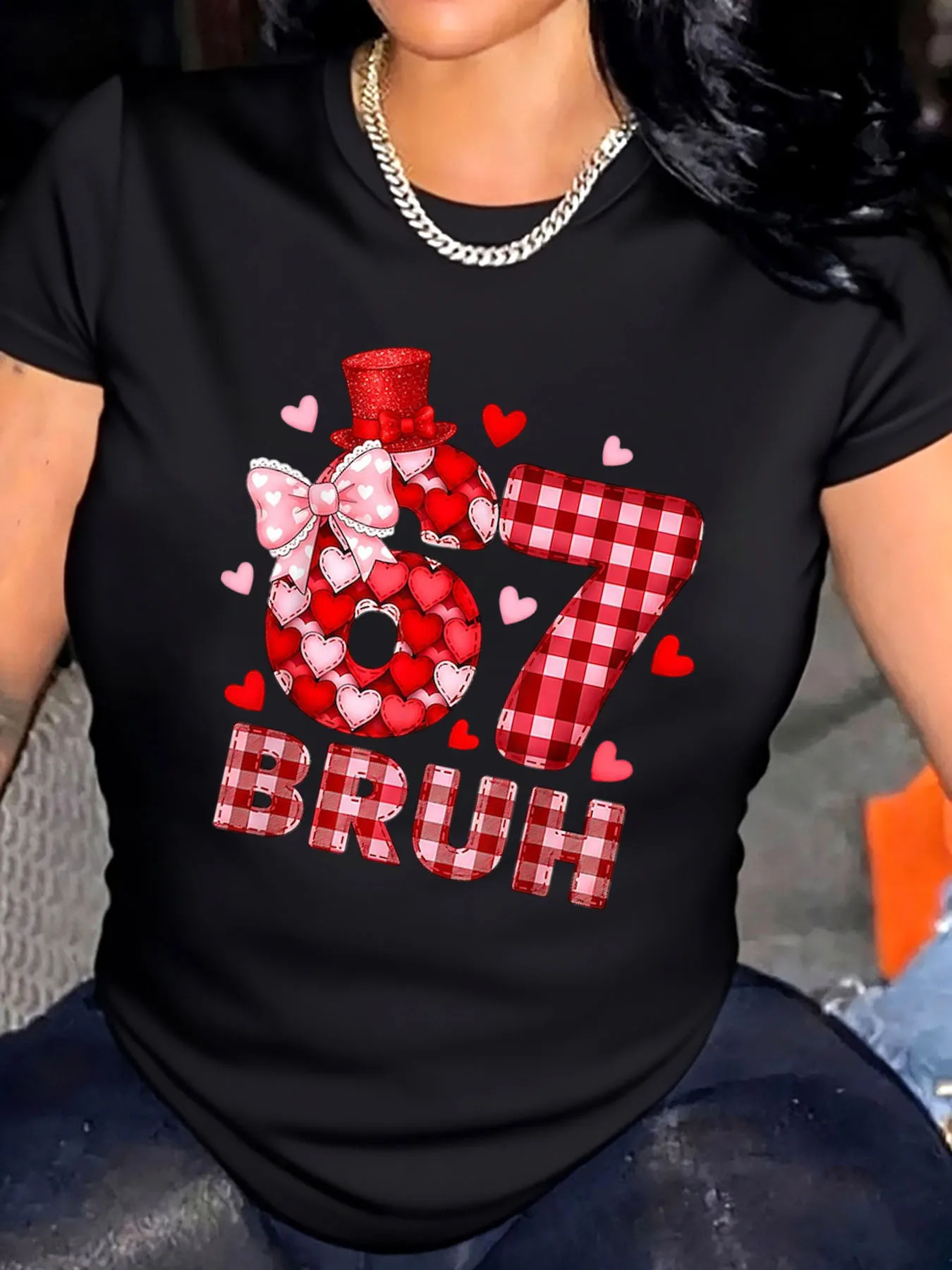Dames Plus Size T-shirt Valentijnsdag 67 Bruh Rood Geruite Harten En Strik Print Outdoor Wear