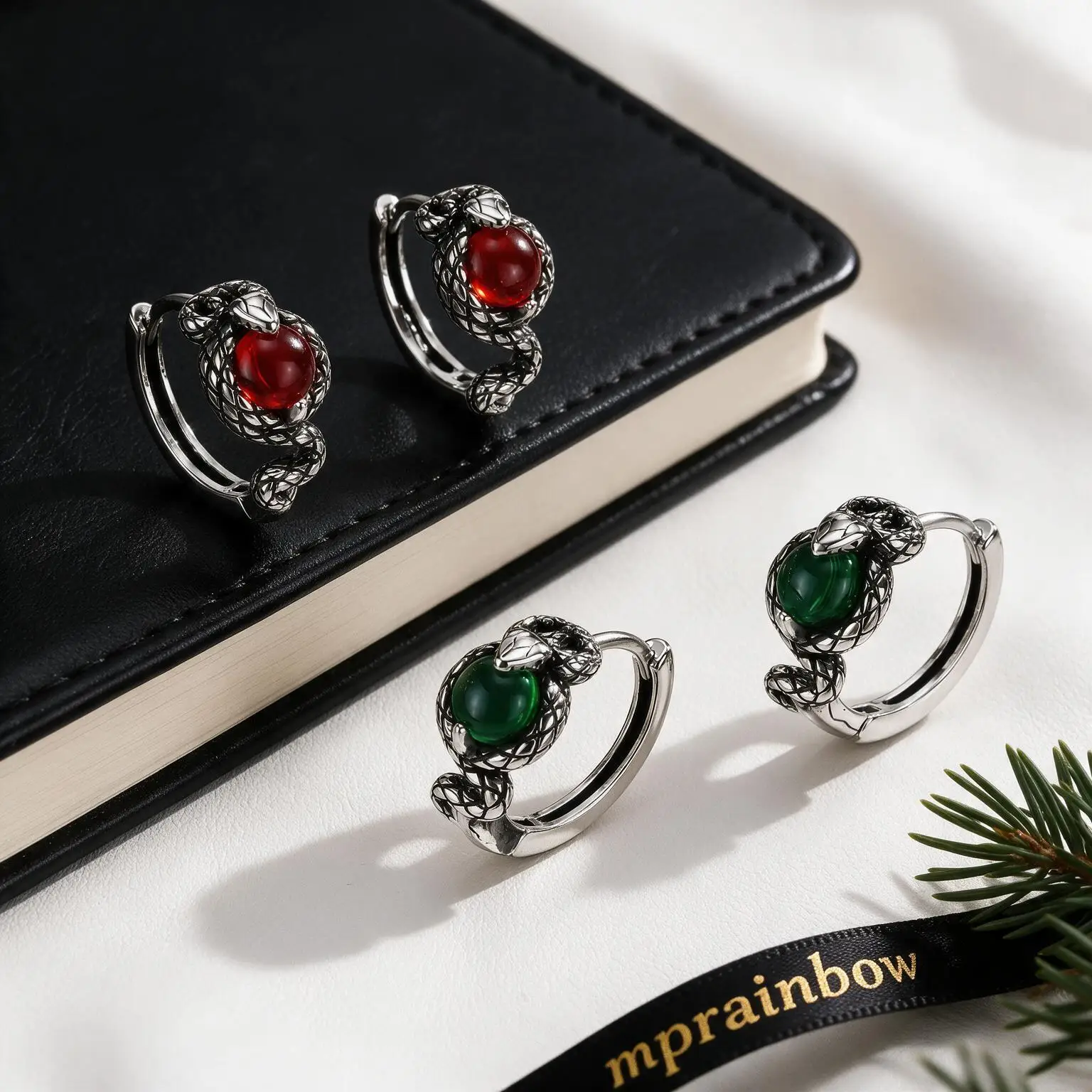 Men's Gothic Snake Hoop Earrings,Coiled Serpent Green Red Crystal Glass Bead Punk Rock Unisex Ear Jewelry Gift