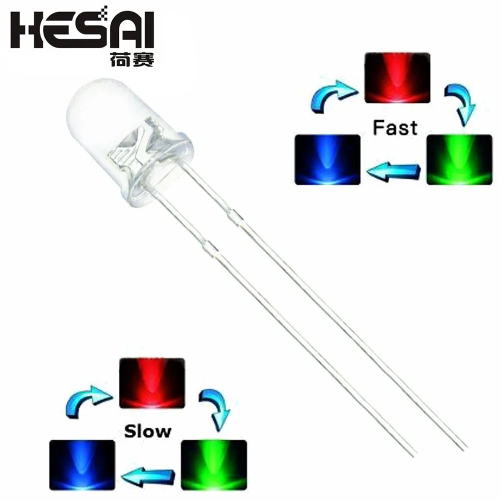 100PCS/lot F3 3mm Fast/Slow RGB Flash Red Green Blue Rainbow Multi Color Light Emitting Diode Round LED Full Color