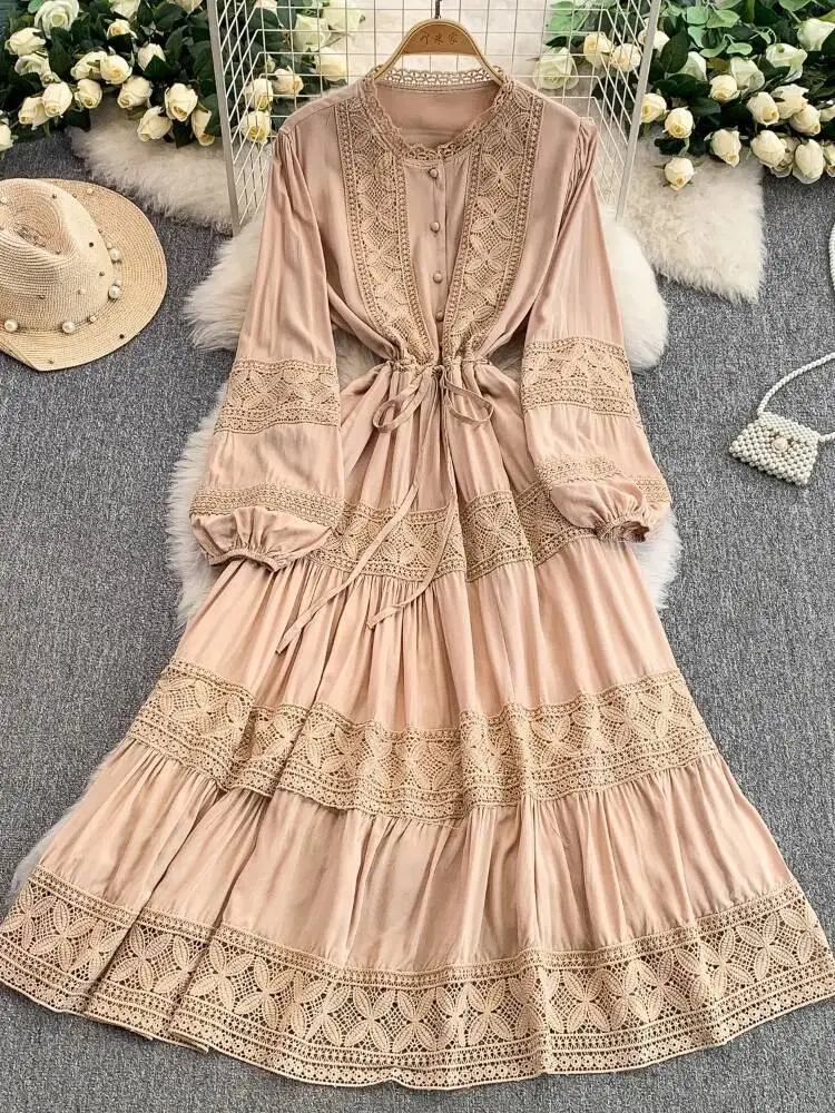 Mulheres francês rendas retalhos vestido primavera verão em torno do pescoço manga comprida vestidos vintage abotoado cordão em camadas robe