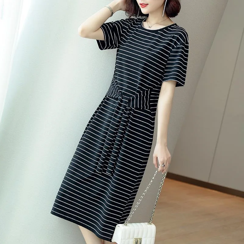 Striped Dress Women\'s Mid Length Frock Tied Waist Slimming T-shirt Dress Round Neck Fitted Female Clothing Summer Short Sleeved