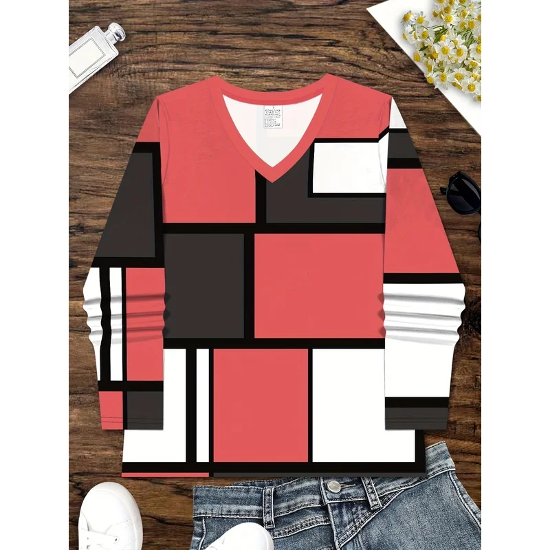 Fashionable Women's Casual T Shirt V Neck Long Sleeve All Over Print Abstract Painting Color Block Geometric Striped Graphics