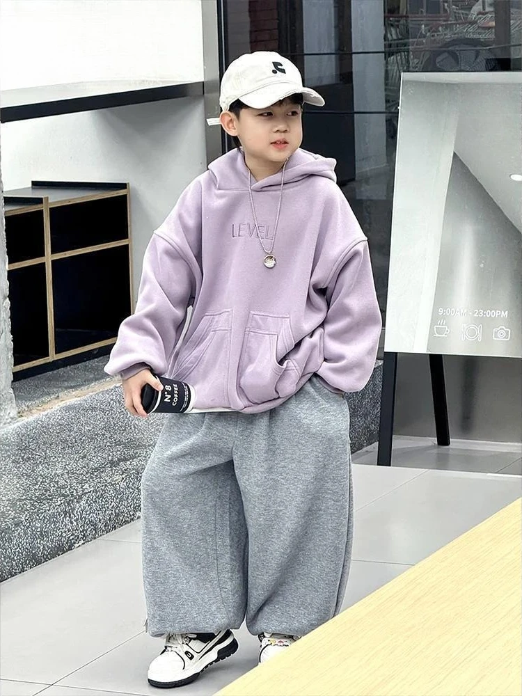 2026 Autumn Winter New Boys Purple Fleece Lined Hoodie Thick Warm Casual Pullover Sweatshirt Kids Fashion Outerwear Tops
