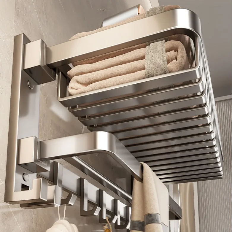 No Drill Folding Aluminum Bathroom Towel Basket Wall Mounted Storage Shelf Hooks Cm Options Shower Laundry Apartment