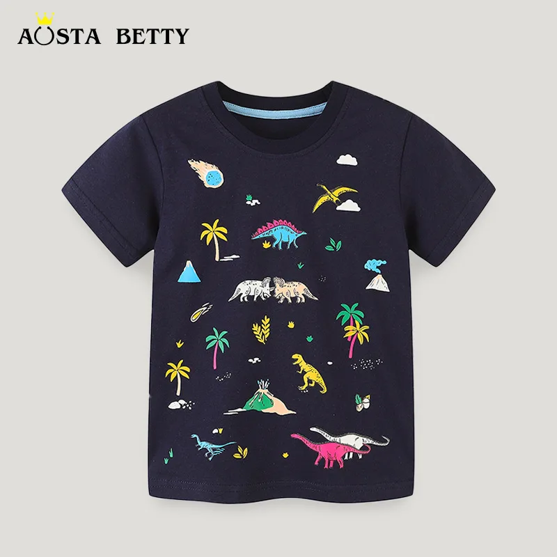 

Летняя футболка в европейском стиле для мальчиков с коротким рукавом, Детский Повседневный Топ с мультипликационным принтом динозавра, Детская Хлопковая Базовая рубашка