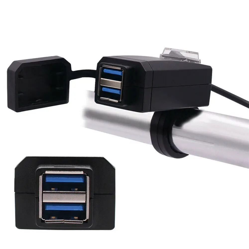 Motorcycle Black Dual USB Port 12V-24V Waterproof Motorbike Handlebar Charger QC3.0 Adapter Power Supply Socket For Phone Mobil