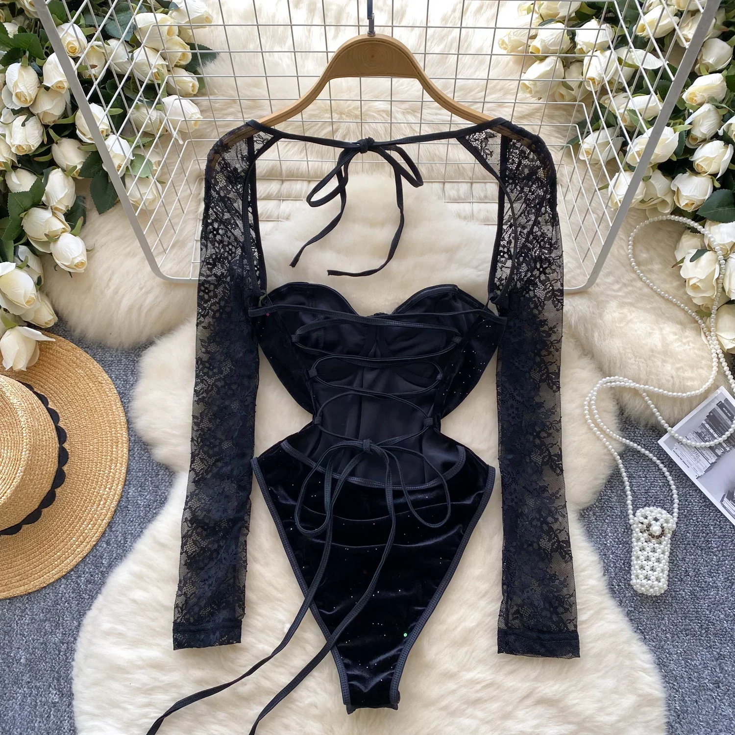 Women Hotsweet Lace Spliced Velvet Vintage Hollow Out Backless Bodysuit Chic Bandage Jumpsuits Slim Top Rompers Autumn Clothing