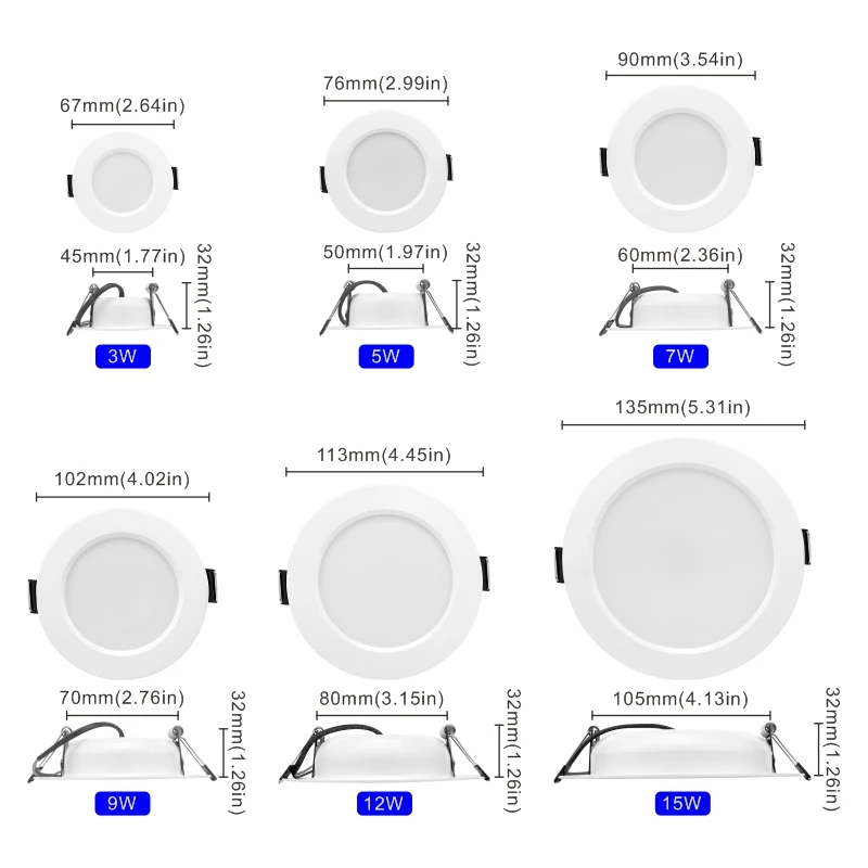 Luz descendente Led para techo, foco redondo de 3/220 pulgadas, 3W, 5W, 7W, 9W, 12W, 15W, 4/5 V, 6 unidades por lote