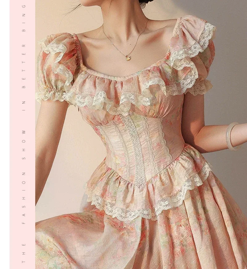 Vestido largo De gasa con estampado De encaje De princesa para mujer, Vestido largo De cuello cuadrado, vestidos Maxi De alta calidad para mujer, vestidos De Noche Juveniles