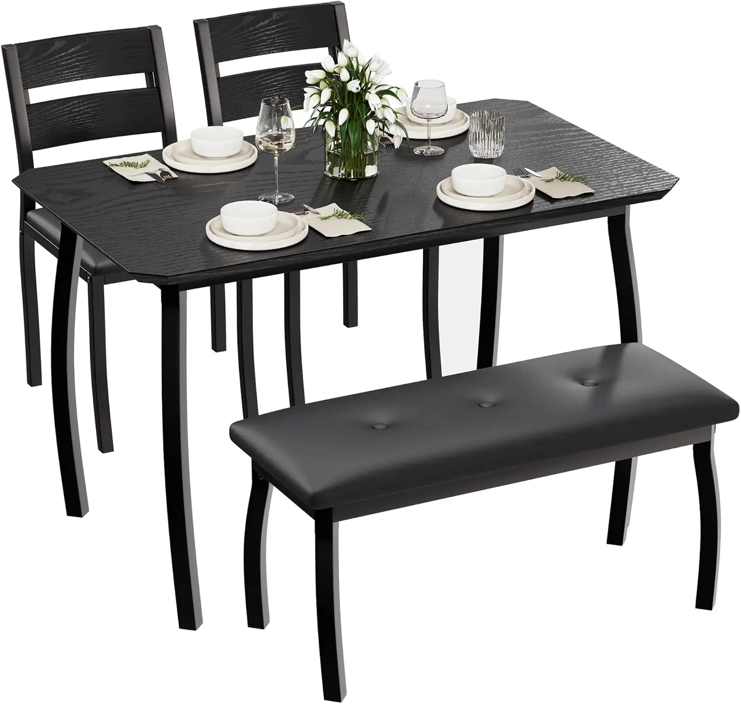 

43" Dining Table Set for 4, Wooden Kitchen Table with Bench & 2 Cushion Chairs, Industrial Dinette Set for Apartment, Black