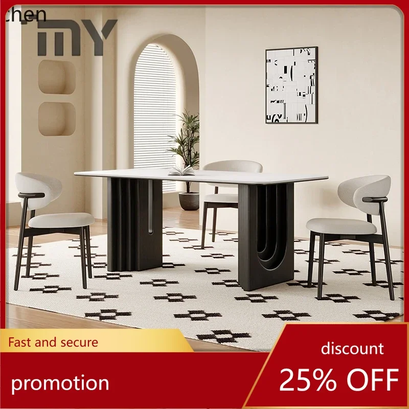 

HT solid wood rock slab dining table and chair combination medieval living room household rectangular dining table