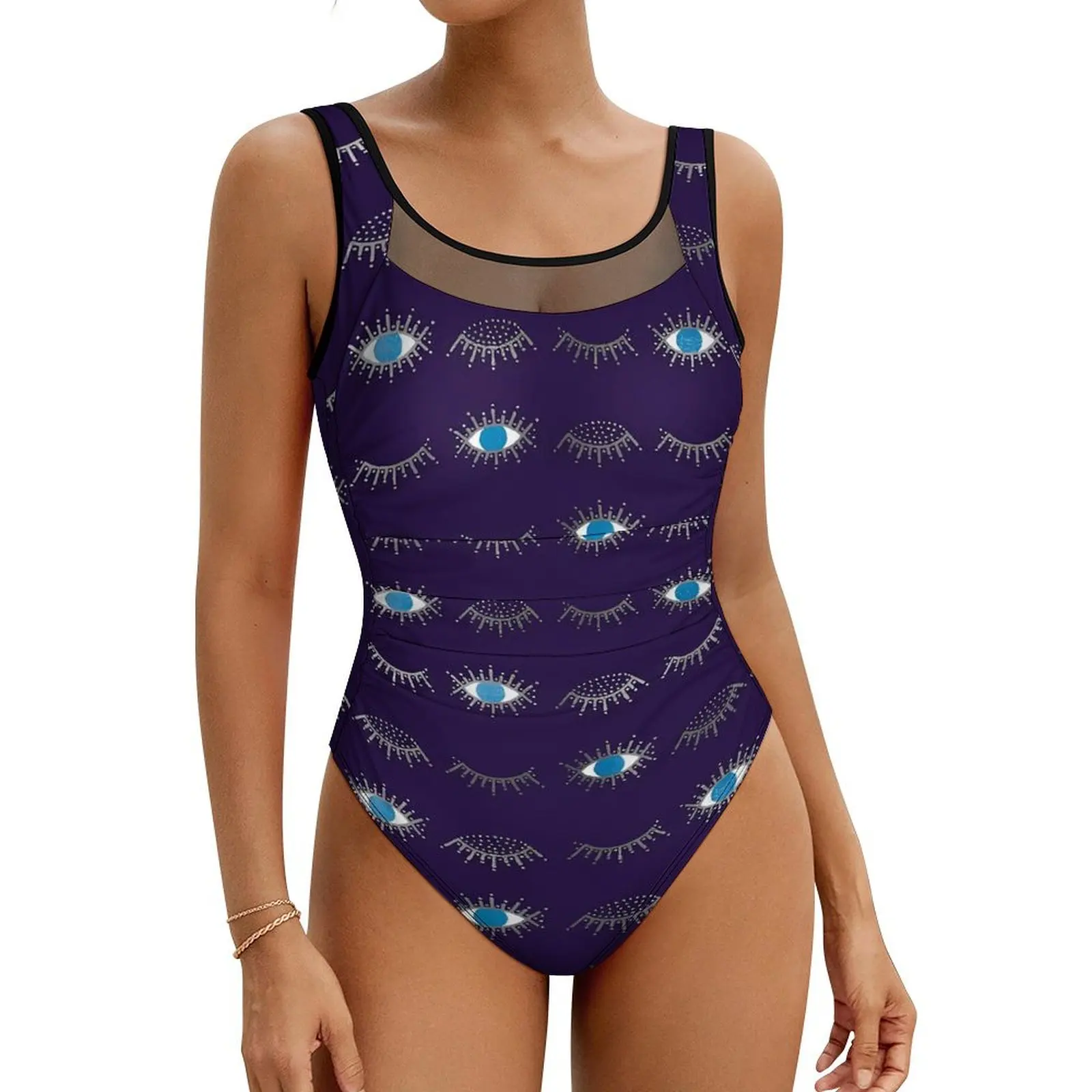 Purple Silver Eyelashs Swimsuit Blue Evil Eye Push Up Swimwear One Piece Holiday Surf Bathing Suit Bodysuit Sexy Beach Outfits