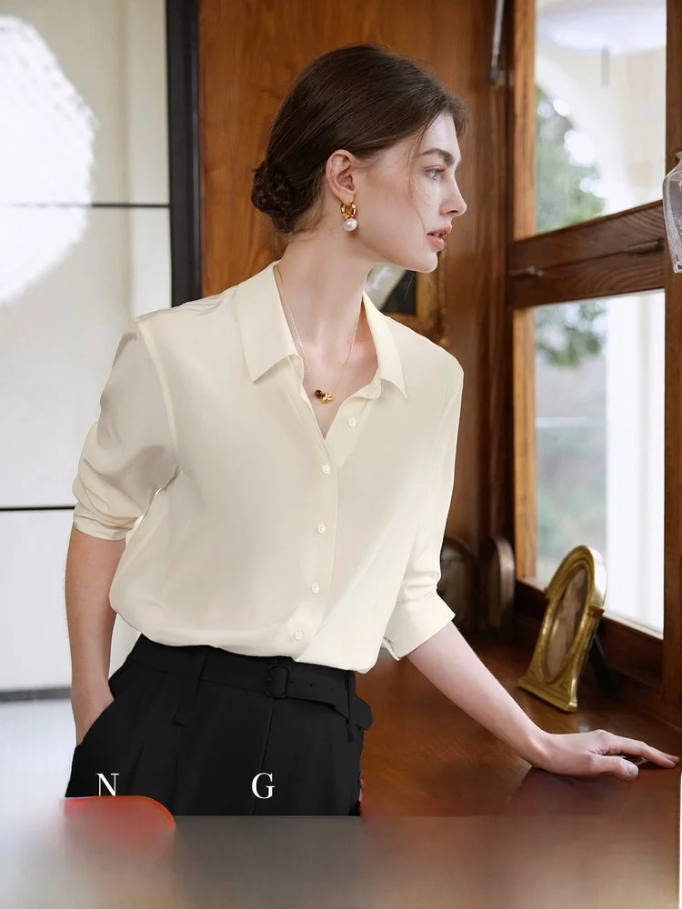 

NAGUAGU Pumpkin Valley Commute Sle Loose Women's irt Classic Versatile White Button-Up Silk Long Sve Office irt