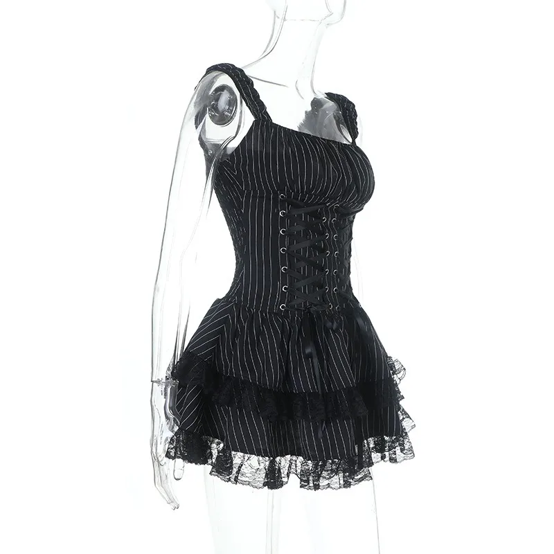 2026 Vintage Gothic Lolita Dress Lace Up Waist Corset Mini Cake Skirt Cosplay Costume Striped Print Subculture Dresses Women