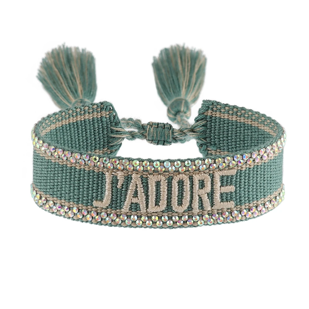 Gewebte Armbänder mit Strass-Stickerei, verstellbares Seil, stapelbarer Armreif für Frauen