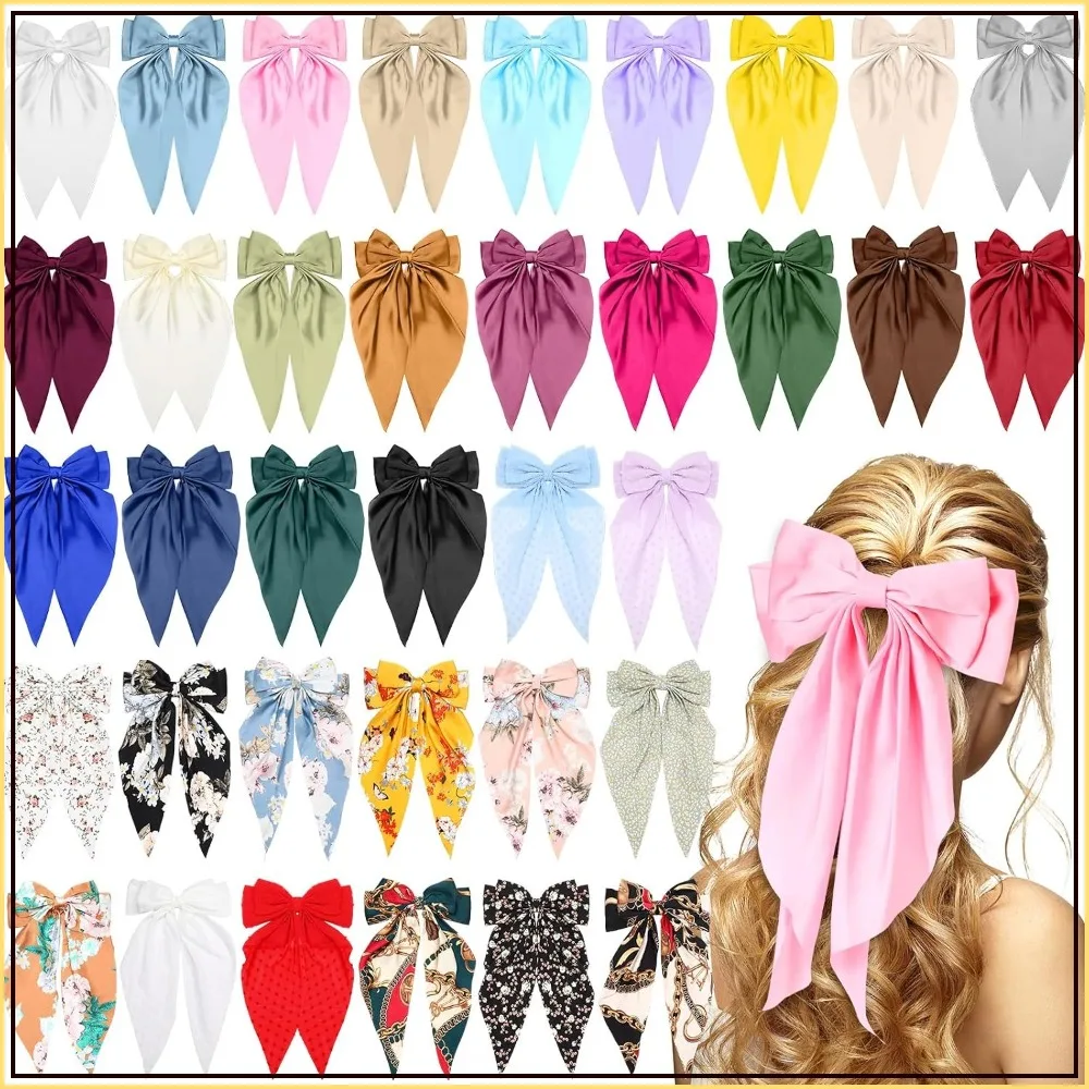 36 Pcs Big Hair Bows for Women, Silky Satin Bulk Hair Bows, Oversized Long Tail Hair Ribbons with Large Metal Clips, Bowknot Hair Accessories