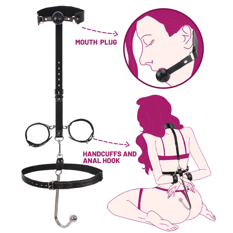 Runyu Anal Hook Sexual Jugetes Kit BDSM Forced Harness Necklace Bondage Handcuffs Silicone Mouthpiece Gag DIY Sadomasochism Set