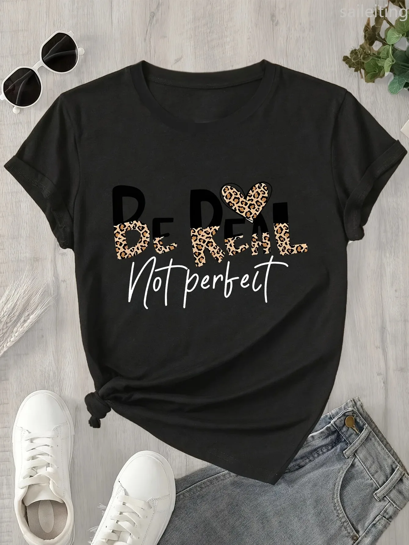 Women's T-shirt Motivational Casual 'Be Real, No Perfect' T-Shirt For Women, Short-Sleeve Casual T-shirt For Everyday Use Tops