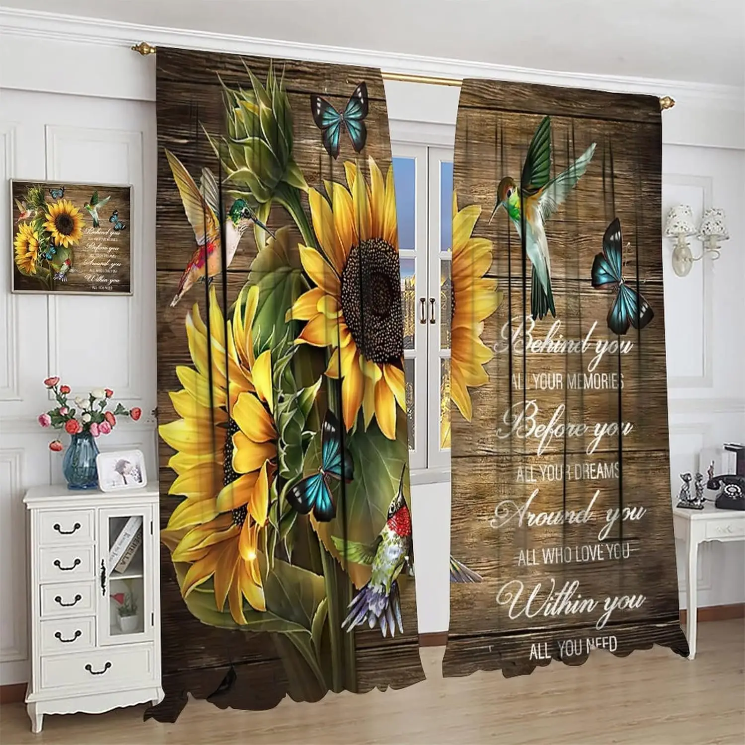 

Sunflower Curtains The Bird Butterfly Farmhouse Flower Plants Decor Wooden Board for Kitchen Bedroom Living Room Children's Room