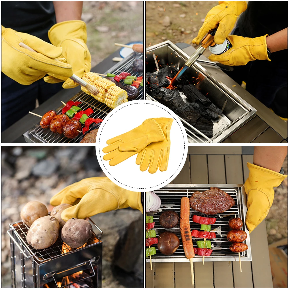 

1 Pair Winter Outdoor Cycling Gloves Heat Resistant Bbq Anti-Scald Safety Cowhide Protective Warm Grill Gloves