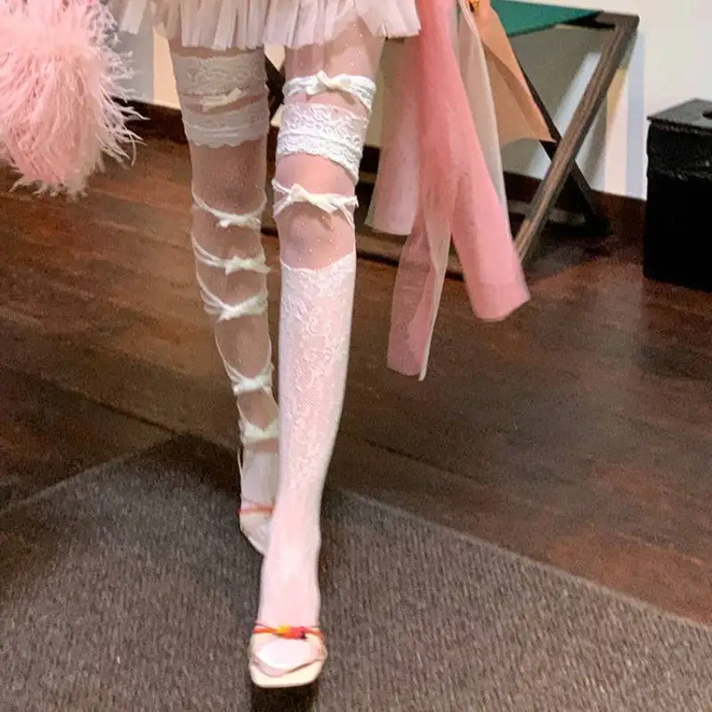 Sweet Kawaii Sheer Sparkle Over‑the‑Knee Socks Lace Top Cuff Multi Ribbon Bow Decor Fairy Aesthetic Lolita Women Long Stockings