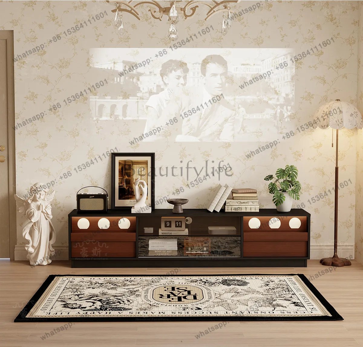 Medieval land-based TV cabinet light luxury high-end living room floor-to-ceiling French retro decorative storage floor cabinet