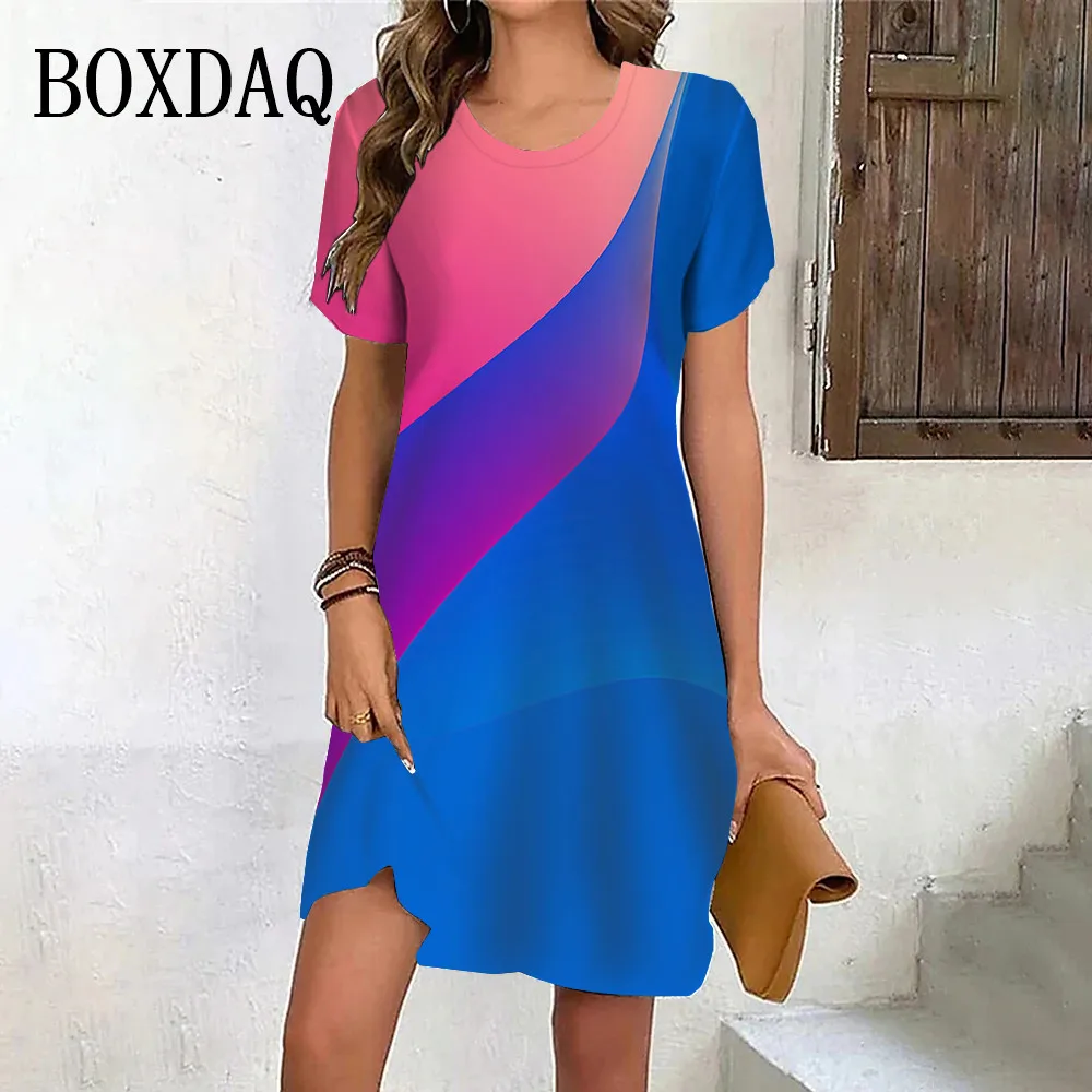 Summer Gradient Rainbow Color Print Dress Women Round Neck Short Sleeve Mini Dresses 2024 Fashion Elegant Ladies Plus Size Dress