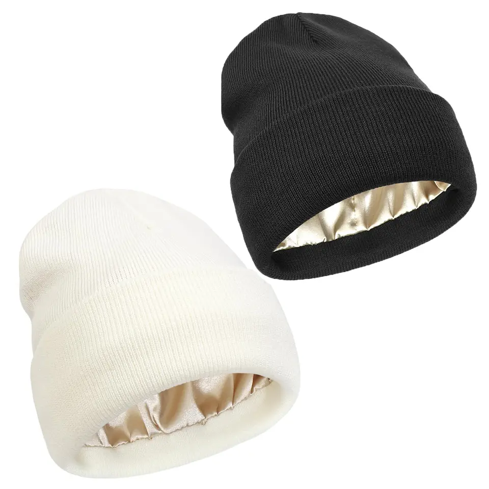 Unisex Satin Lined Beanie Hat For Women Winter Silk Lining Slouchy Warm Cuffed Skullies 2Layer Hair Cover Sleep Cap