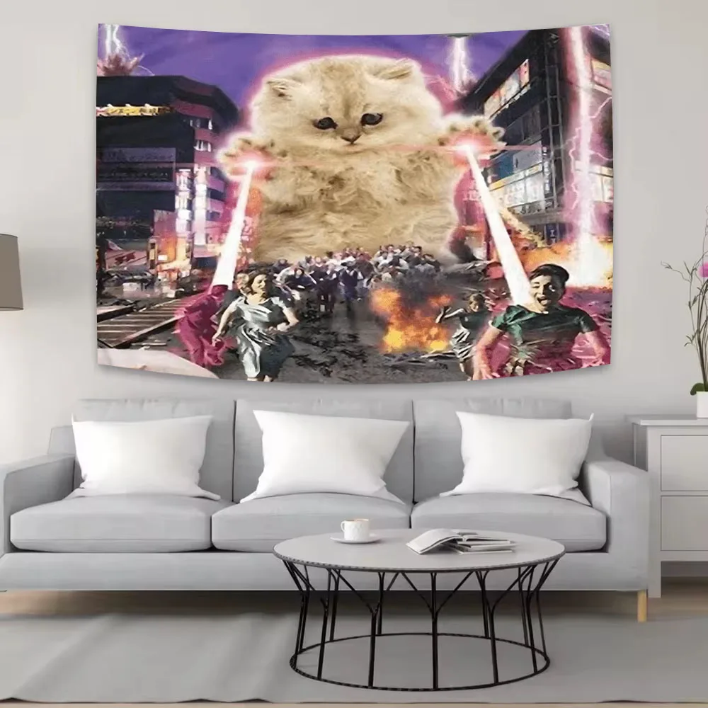 Kawaii Fierce Laser Cat Rampage Tapestry Hippie Sci Fi Laser Beam Esports Game Themed Personalized Room Decor Background Cloth
