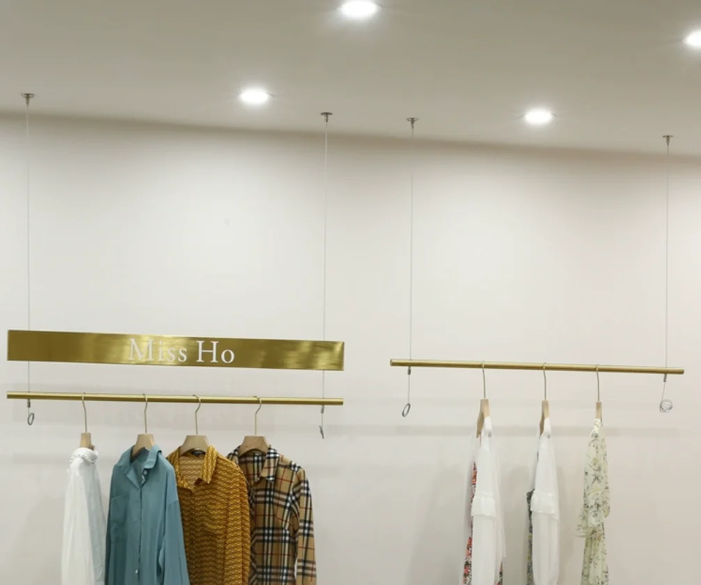 Clothing store titanium display rack, women's clothing shelf, hanging rack, stainless steel logo, steel wire hanging, customized