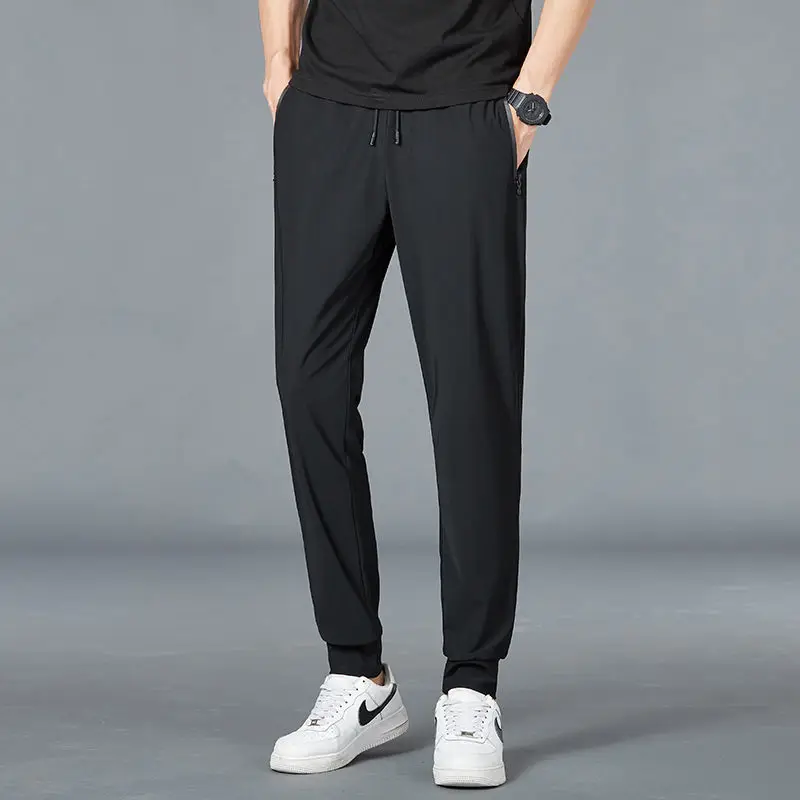 Men's Summer Ice Silk Simple Casual Trousers Elastic Youth Quick Drying Breathable Leggings Straight Leg Sweatpants Pants