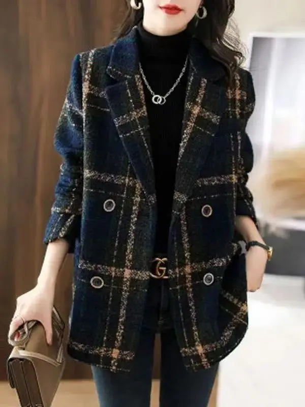 

plus Size Women's Korean Style High Quality Plaid Patchwork Woolen Coat Winter New Retro Woolen Coat Large Size Women
