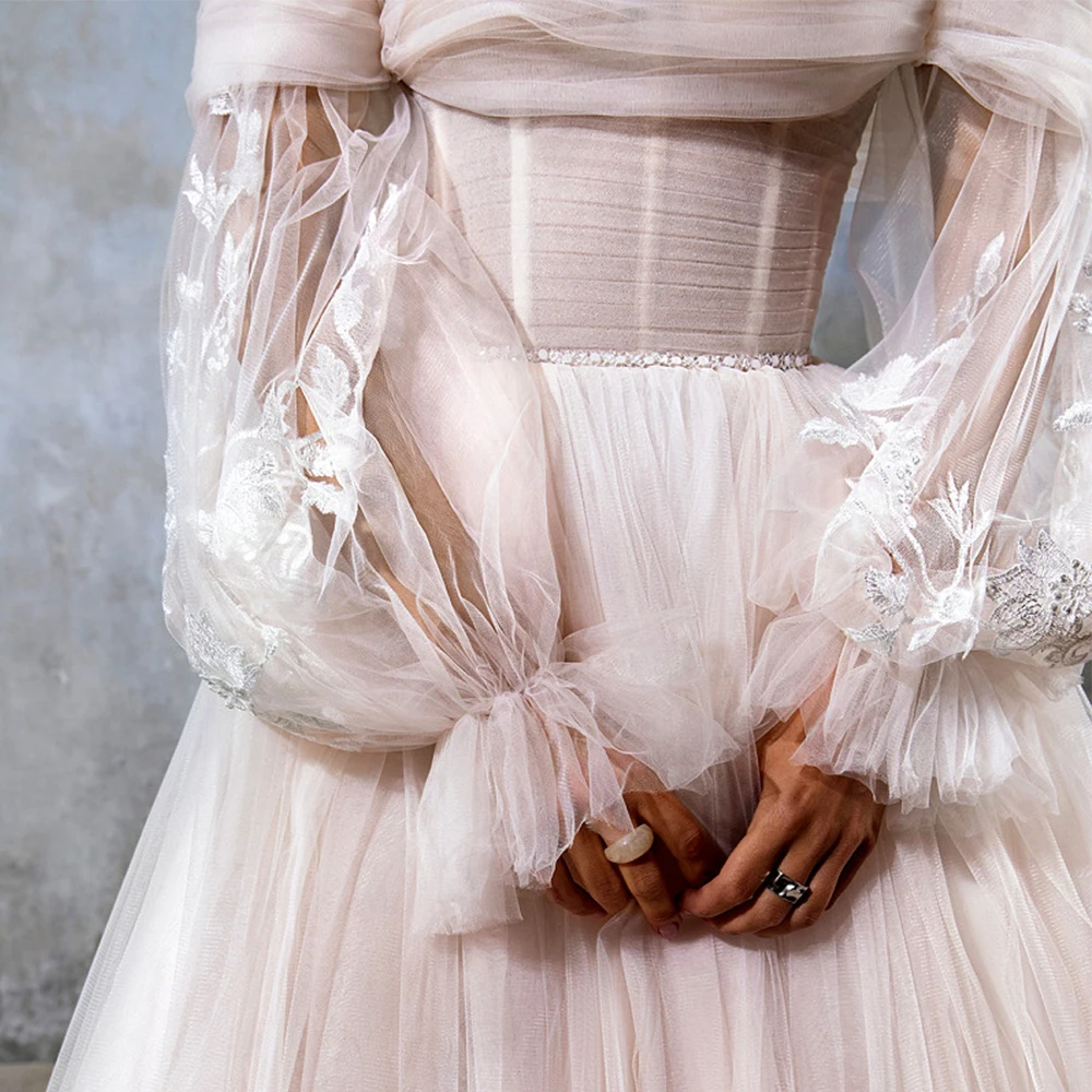 심플한 스트랩리스 웨딩드레스, 부드러운 튤 소재, 2025년 여름, 긴팔, 코트 트레인, A라인, 베스티도 데 노비아