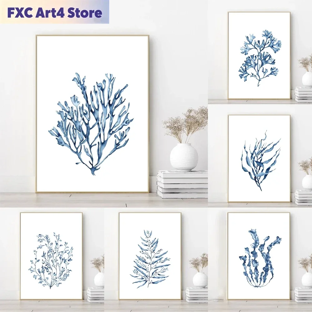 Frameless Blue Coral Watercolor Art Print Blue Seaweeds Poster Coastal Wall Art Canvas Painting Sea Corals Pictures For Living R