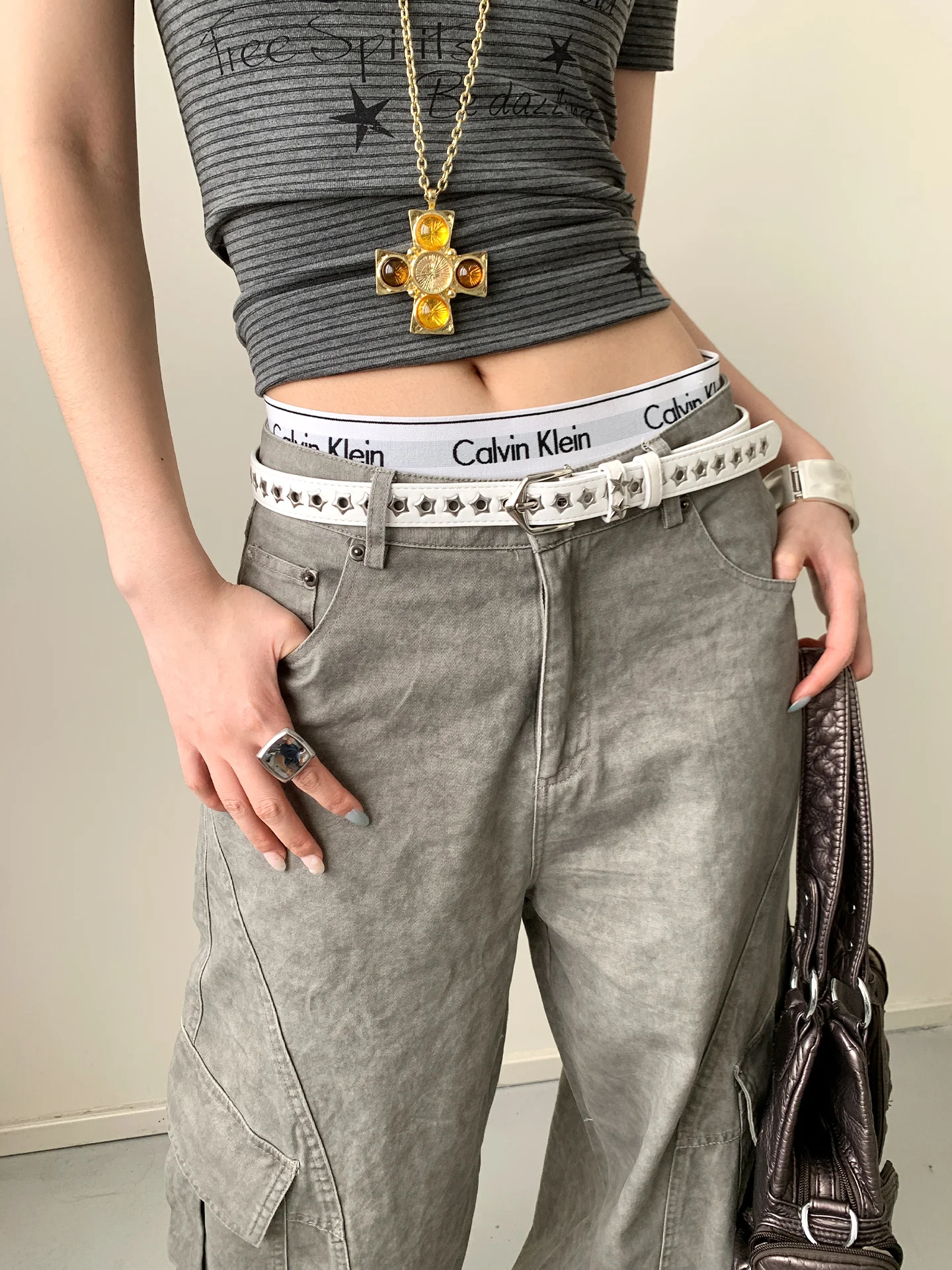American Y2K Star Studded Belt Women's Heavy Craftsmanship Hot Girl Style Leather Belt Decoration No-Punching With Jeans Belt