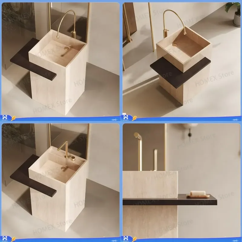 Modern Luxury Limestone Freestanding Square Sink Single Hole Washbasin with Golden Faucet for Hotel Bathroom Vanity Basin