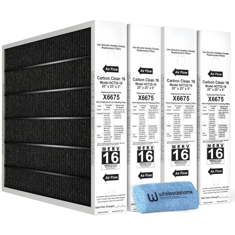 X6675 20x25x5 Air Filter, Carbon Clean Merv 16 Home Furnace Filter for HVAC system 4 Pack with Wholesalehome Cleaning Cloth