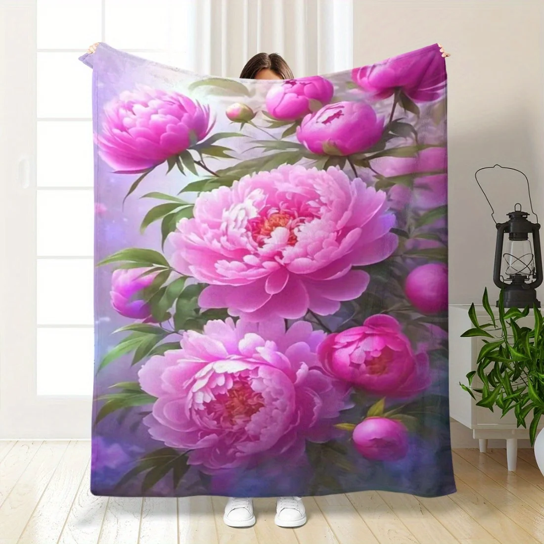 Lavender Gradient Background Vivid Pink Peony Green Leaf Flannel Throw Blanket, Soft Sofa Blanket,Elegant Floral Home Decor Gift