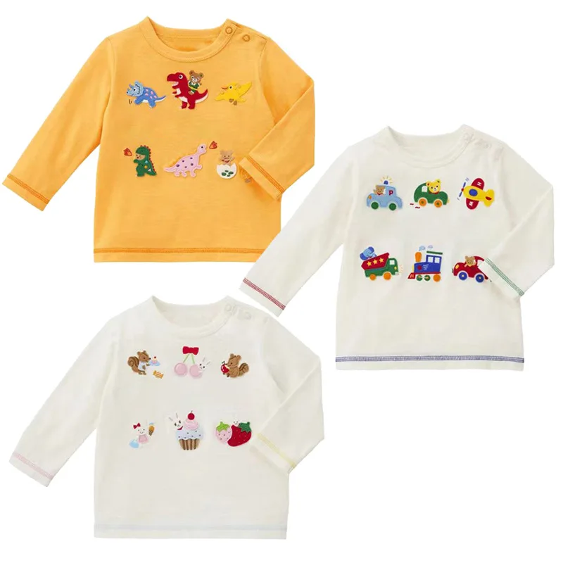 Bear Rabbit Embroidery Long Sleeve Korean Boys Girls Cartoon Dinosaur Car Tshirt Inner Top Soft Cotton Cute Adorable