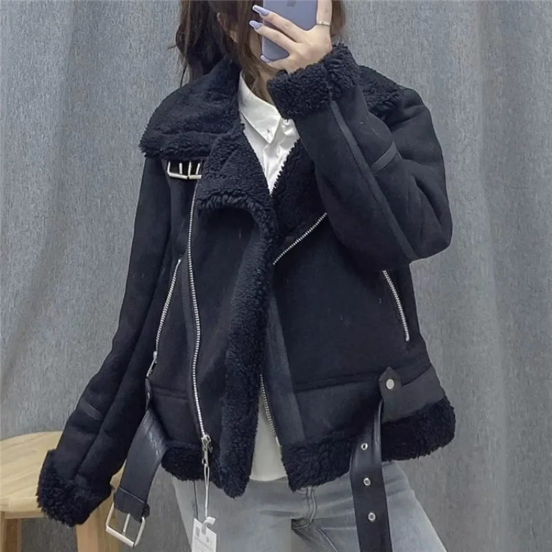 Single New Suede Women's Coat Autumn and Winter Style Fur Integrated Lamb Wool Surface Motorcycle Suit Fashionable Warm Jacket