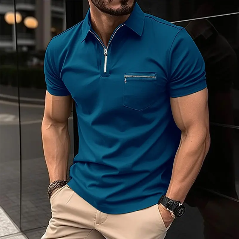 Summer Traveling Men\'s Casual Short-Sleeved Polo Shirt Chest Zipper Pocket T-Shirt Men\'s Breathable Polo Shirt Men\'s Clothing