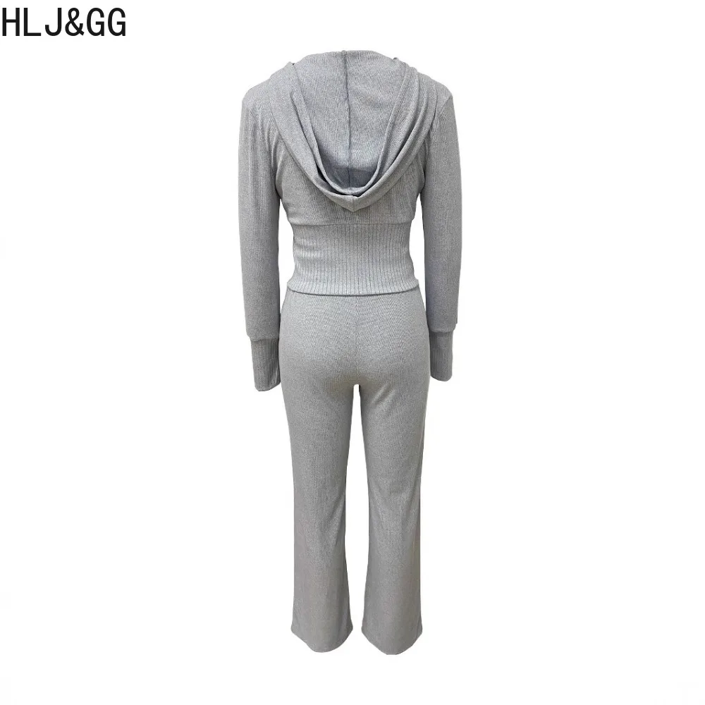 HLJ&GG Gray Autumn New Solid Sporty Jogger Pants Two Piece Sets Women Zipper Long Sleeve Hooded Crop Top And Pants Outfits 2025