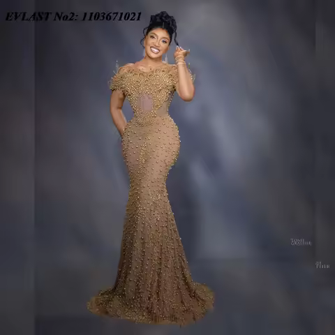 EVLAST Customized Gorgeous African Pearls Evening Dress Mermaid Off Shoulder Celebrity Dress Black Women Red Carpet Gowns E2P08