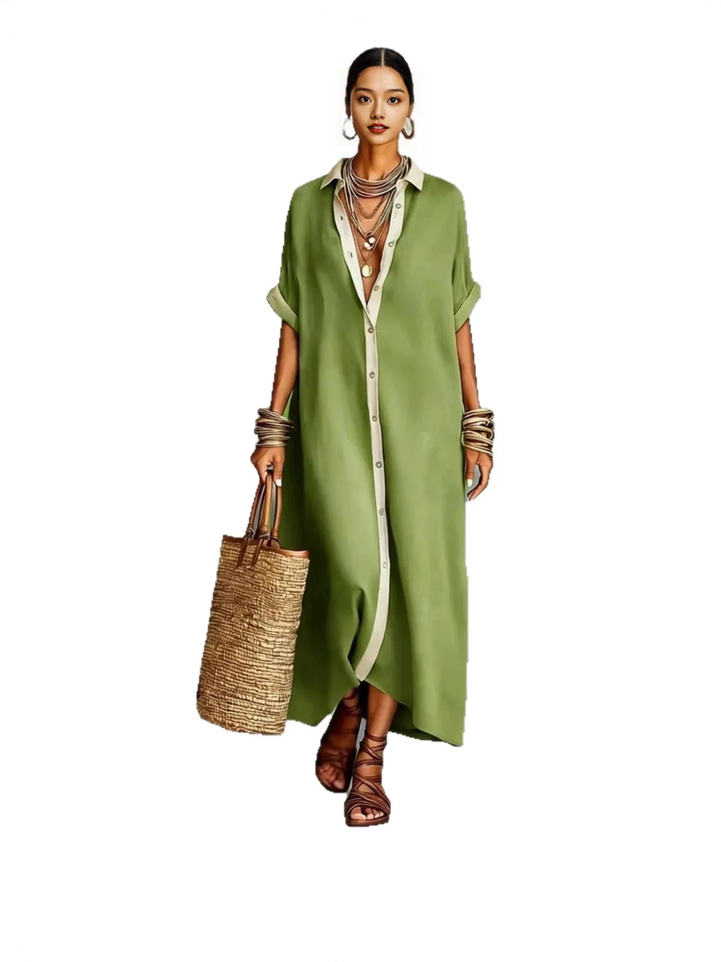 Color Block Trim Linen Cotton Long Shirt Dress, Loose Collared Open-Front Casual Maxi Dress