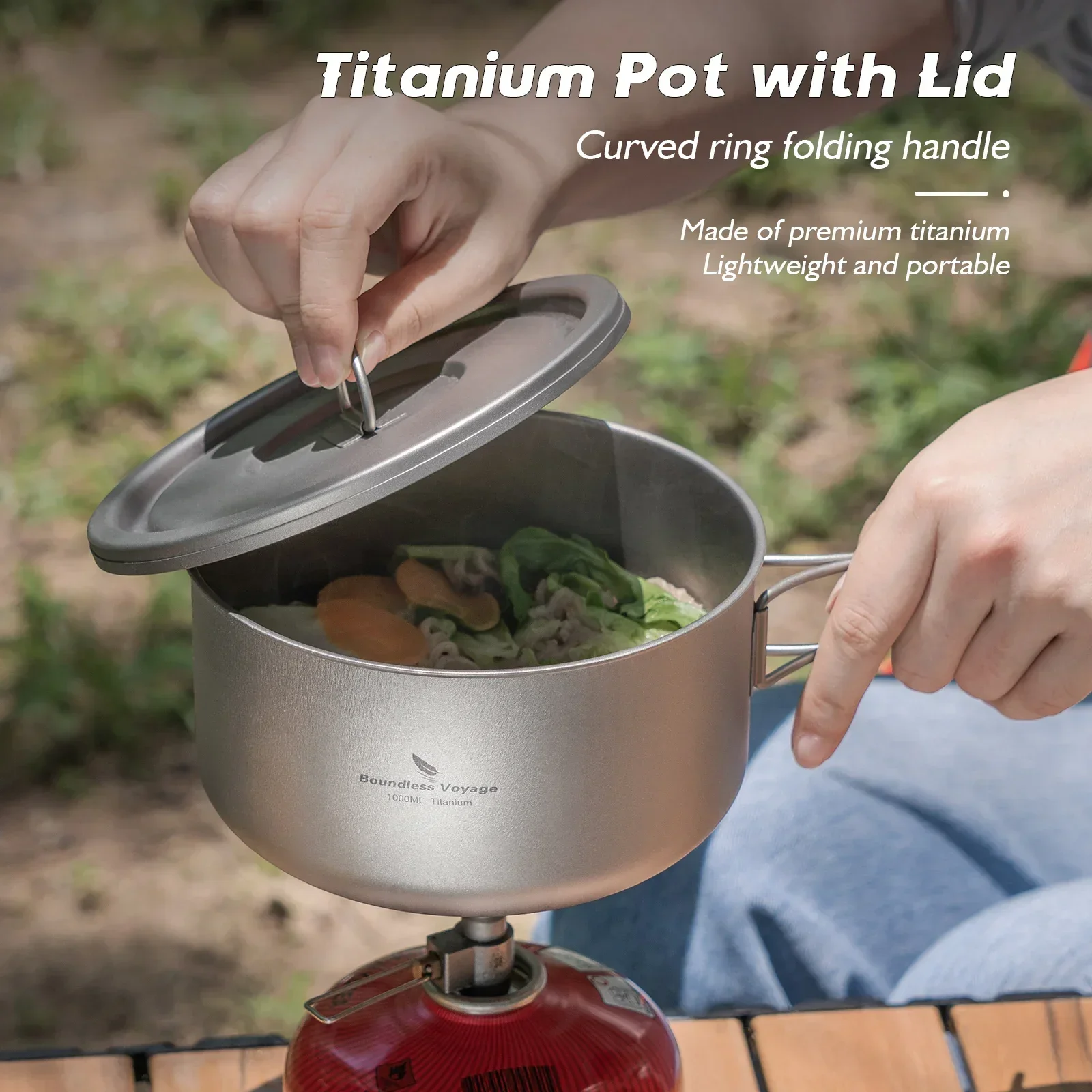 Boundless Voyage 1000ml Titanium Pot with Lid Outdoor Camping Single Layer Lunch Box Folding Handle Cookware Tableware 1L