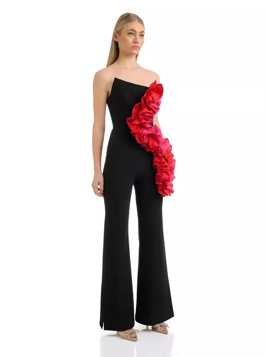 Sexy Black Flower Appliques Bodycon Long Bandage Jumpsuit Pencil Skinny Romper Sleeveless Celebrity Evening Runway Club Jumpsuit