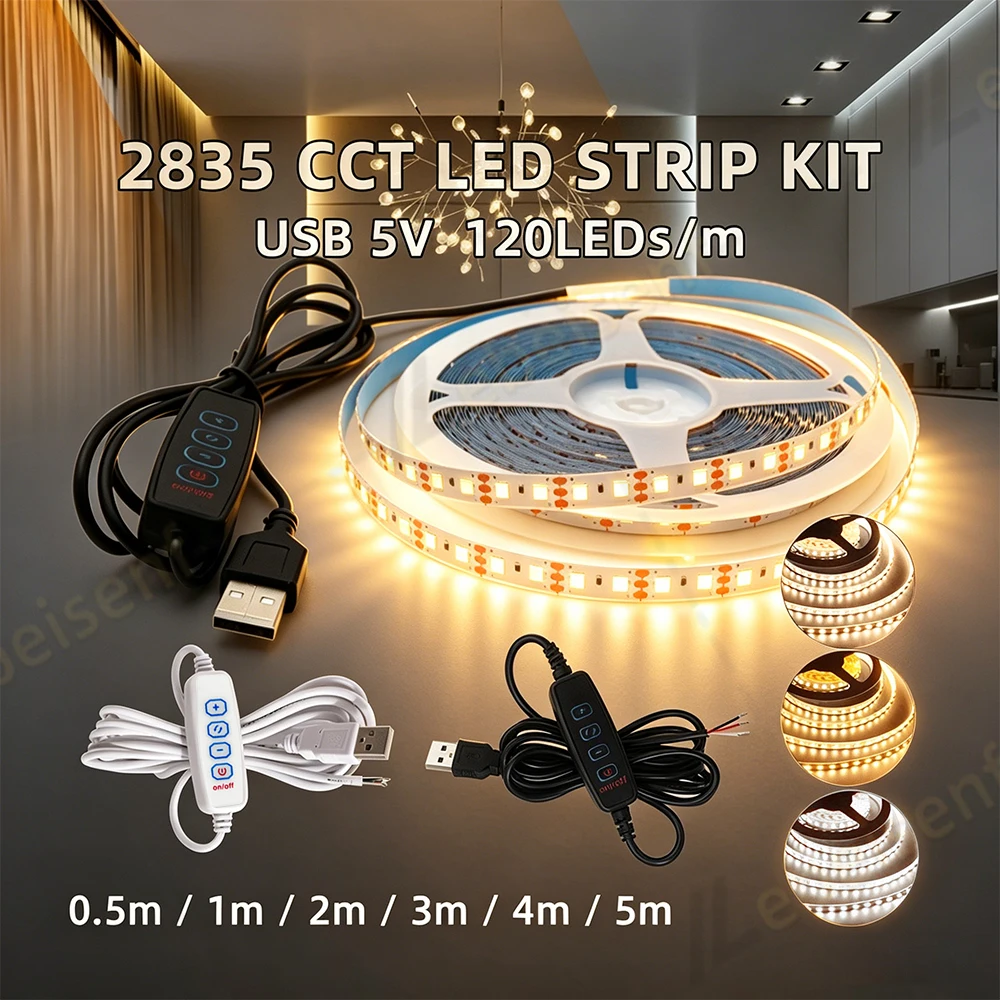 

USB Powered 5V LED Dual Color Strip Light Kit 0.5 - 5M 120 LEDs/M 3000K - 6000K CCT 4Key Dimmer for Flexible Lighting Solutions